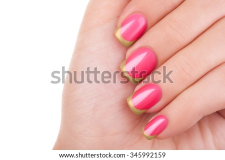 Beautiful pink nails close up.