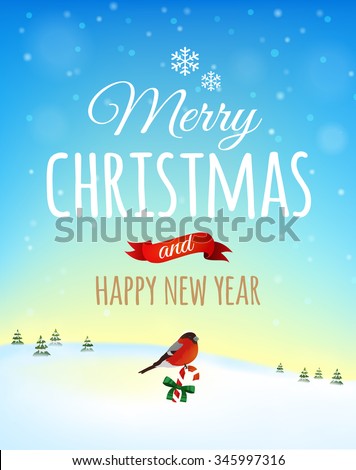 Christmas greeting card, poster. Bullfinch bird on a background of a winter landscape. Vector illustration. Merry christmas and Happy new year
