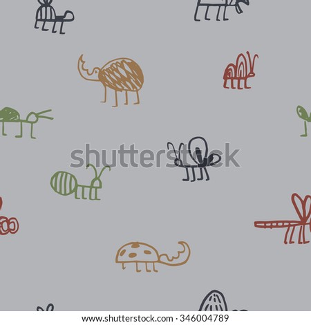 Insects world seamless pattern. Vector doodle illustration.