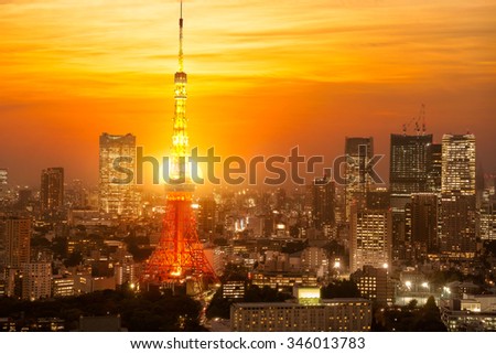 Tokyo city skyline at sunset, Tokyo Japan