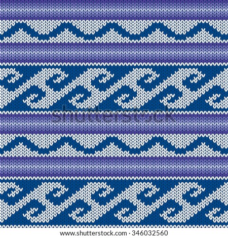 Abstract Ornamental Seamless Vector Pattern as a stylish Fabric Knitted ethnic texture in blue, violet and light grey colors