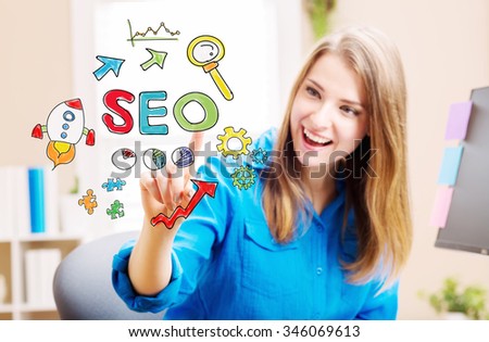 SEO concept with young woman in her home office