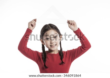 A asian(korean, japanese, chinese) girl(kid, student, child, woman, female) wearing red shirts stand up with a plastic triangle scale, smile for math, mathematics isolated white.