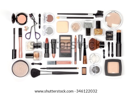 makeup cosmetics and brushes on white background  Royalty-Free Stock Photo #346122032