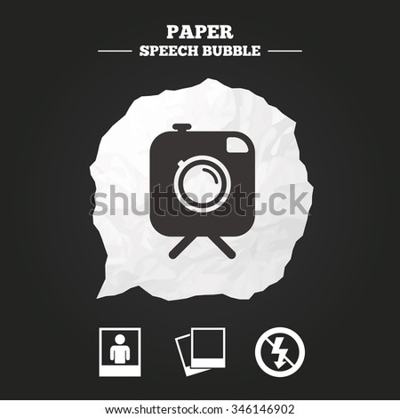 Hipster retro photo camera with mustache icon. No flash light symbol. Human selfie portrait photo frame. Paper speech bubble with icon.