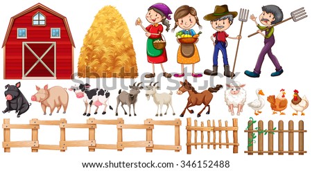 Farmers and farm animals illustration