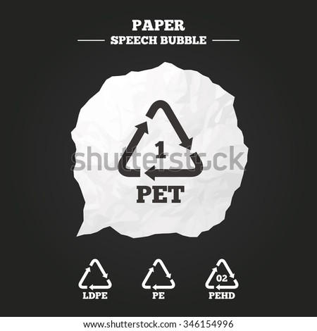 PET, Ld-pe and Hd-pe icons. High-density Polyethylene terephthalate sign. Recycling symbol. Paper speech bubble with icon.