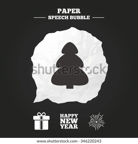 Happy new year icon. Christmas tree and gift box signs. Fireworks explosive symbol. Paper speech bubble with icon.
