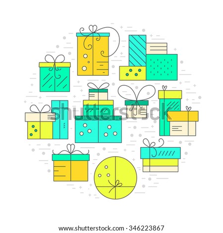 Collection of presents and gift boxes arranged in a circle. Design element for postcard, invitation, banner or flyer made in modern line style vector. Birthday party or holiday illustration. 