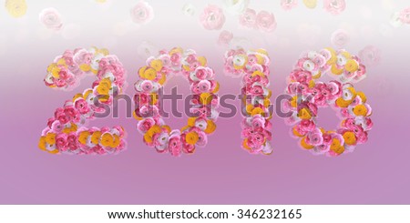 2016 Floral Typo with ranunculus in big letters on pink