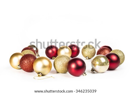 christmas card with red and gold christmas balls isolated on white background