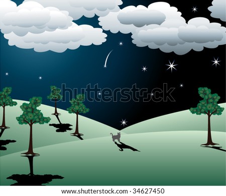 vector illustration of cat walking at night in rural landscape