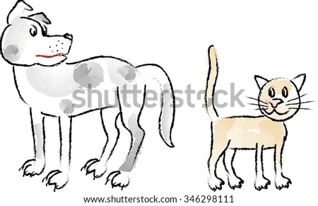 Dog and Cat. Sketch. Hand drawn. Coal and watercolor. White background