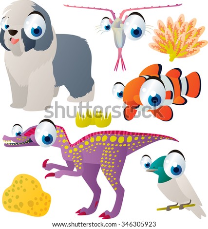 vector cute comic cartoon animals set for book or app or cards or banner or sticker illustration: dog, plankton, clown fish, dinosaur, bird