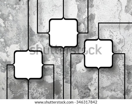 Three connected square frames on cracked and scratched grey concrete wall background