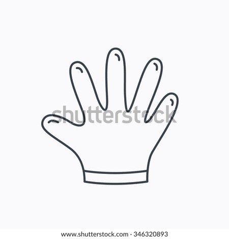 Rubber gloves icon. Latex hand protection sign. Housework cleaning equipment symbol. Linear outline icon on white background. 