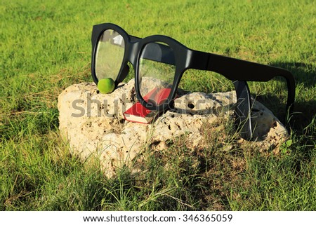 Glasses in a black frame with a book and an apple on a large stone