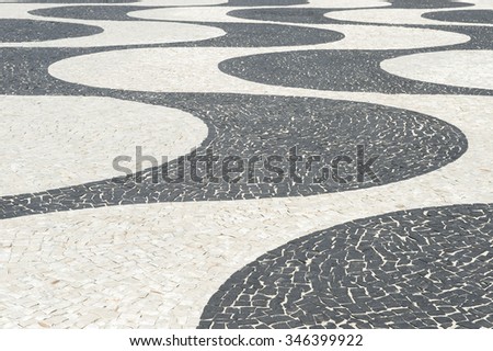 Close-up of the black and white wave pattern of the Portuguese pavement tiles on the sidewalk in Copacabana, Rio de Janeiro, Brazil
