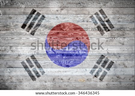 A vignetted background image of the flag of South Korea onto wooden boards of a wall or floor.