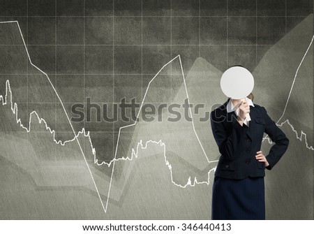 Businesswoman and graphs at background hiding her face behind mask