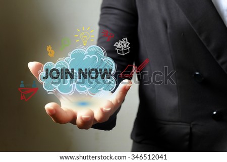 JOIN NOW concept with icons on hand , business concept 