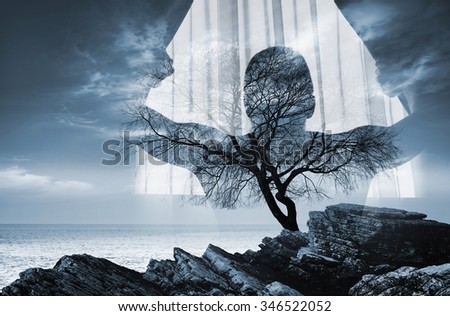 Man in dark room opens curtains on window and scenic coastal landscape, double exposure photo effect