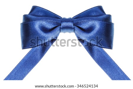 symmetric blue satin ribbon bow with horizontal cut ends isolated on white background