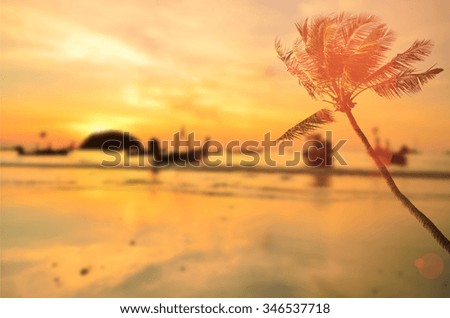 Blur fisherman boats on tropical sunset beach with palm tree abstract background.Travel concept.
