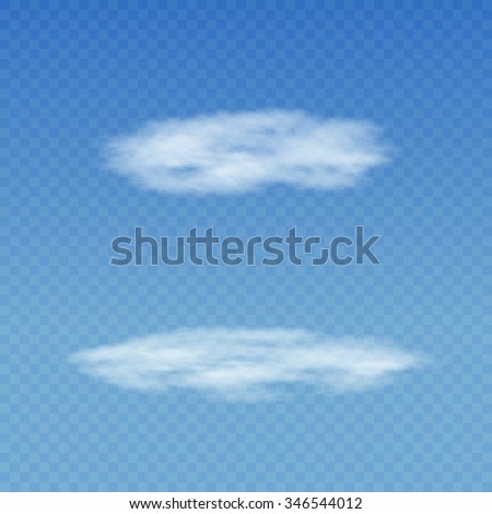 Set of realistic transparent white clouds on a plaid blue sky background. Cirrus, cumulus, spindrift clouds. Custom shapes and textures. Vector illustration EPS 10. For your design and business. Royalty-Free Stock Photo #346544012