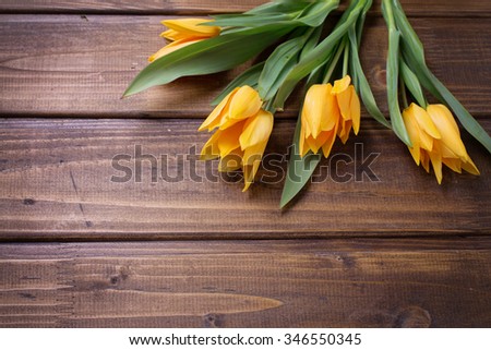 Spring yellow tulips flowers  on brown  painted wooden background. Selective focus. Place for text. 