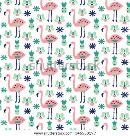 Flamingo seamless pattern. Vector illustration. Surface decoration with flamingo, pineapple and flower.