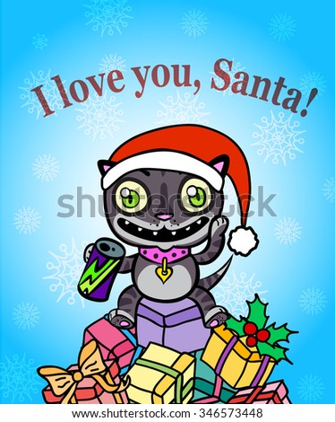Vector Christmas greeting card with a cute cat sitting on a pile of giftboxes. Cat in xmas red hat drinks energy drink from tin can.  I love you, Santa! Text message on top. Snowflakes on background