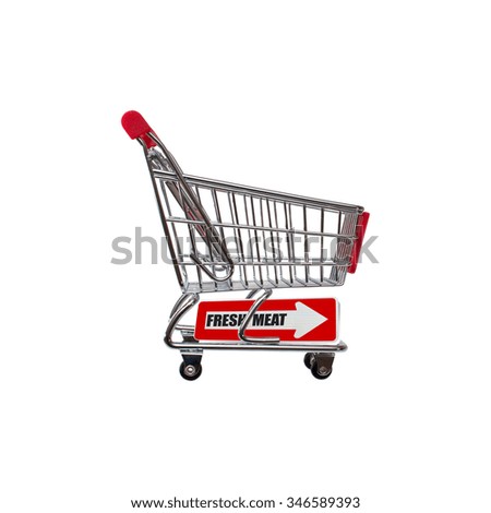 Fresh Meats Red One Way Directional Arrow Sign Shopping Cart isolated on white background