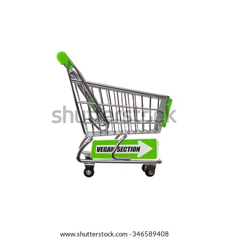 Vegan Section Green  One Way Directional Arrow Sign Shopping Cart isolated on white background