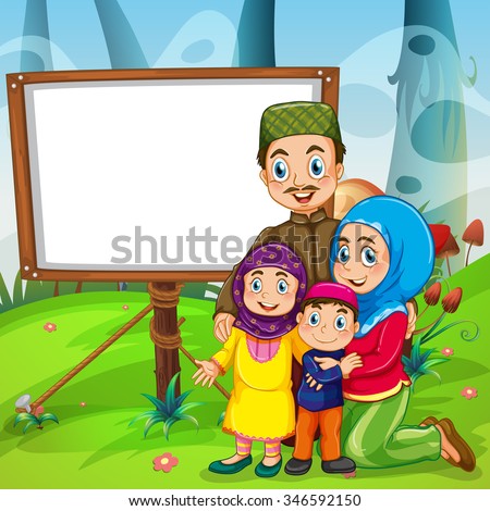 Border design with muslim family illustration