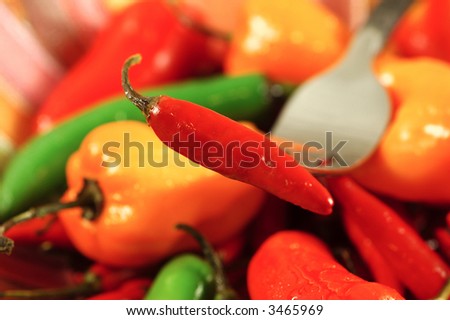 Thai chili on a fork in a festive bowl filled with a variety of hot peppers (shallow depth of field)