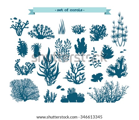Underwater set - silhouette of corals and algae on a white background. Royalty-Free Stock Photo #346613345