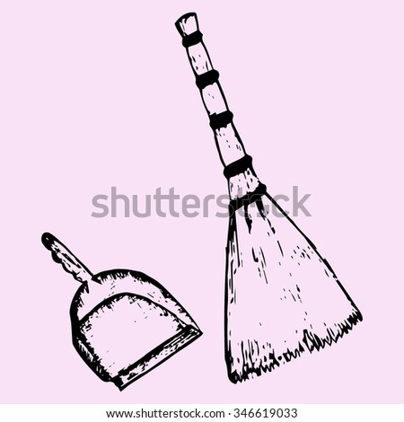 broom and dustpan, doodle style, sketch illustration, hand drawn, raster
