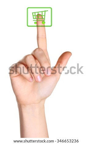 Buy button with real hand isolated on white background