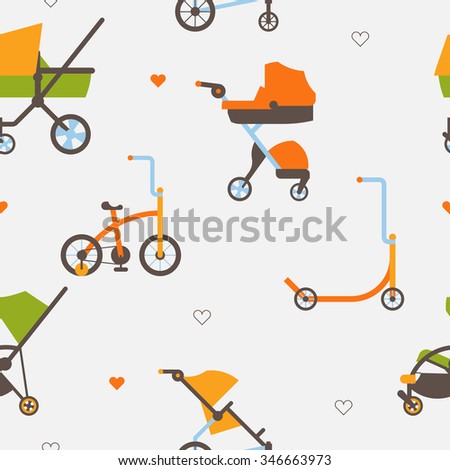 Kids transport flat icons set. Web design logo elements. Child strollers, prams, scooter and bicycle stylized seamless background texture. Modern style.