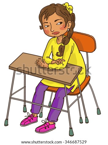 Sad Indian Girl at classes lesson. School activities. Back to School isolated objects on white background. Great illustration for a school books and more.