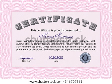 Sample Diploma. Retro design. With complex linear background. Money style.