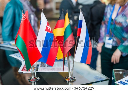 flags of the states of Belarus, Russia, Slovakia, Germany, Lithuania (shallow DOF; color toned image)