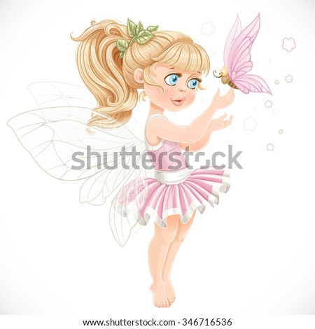 Sweet fairy in a pink tutu holding a large butterfly on the finger isolated on a white background