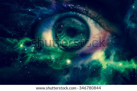 Giant eyeball starscape backdrop with colorful space clouds Royalty-Free Stock Photo #346780844