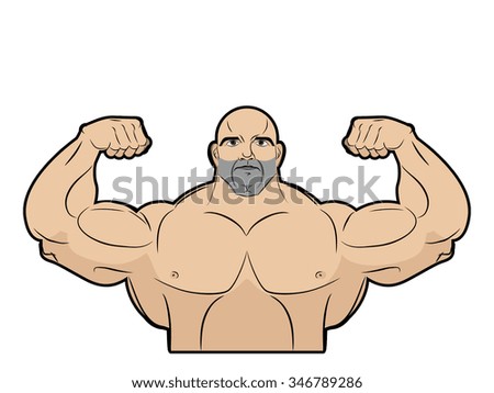 Bodybuilder on a white background. Athlete with big muscles. great brutal men with muscled. Emblem for gym.  Fitness model in pose a double biceps in front.  