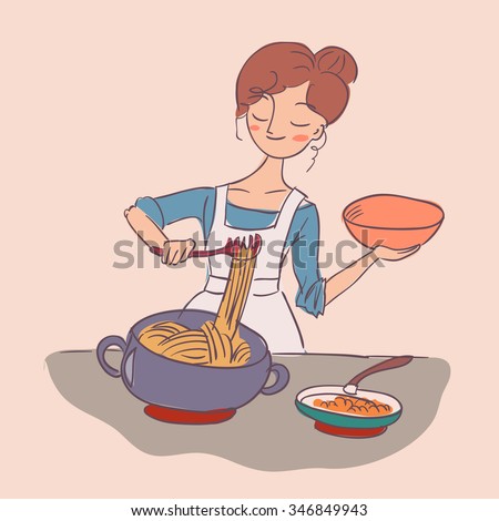 pasta spaghetti  housewife vector illustration cook