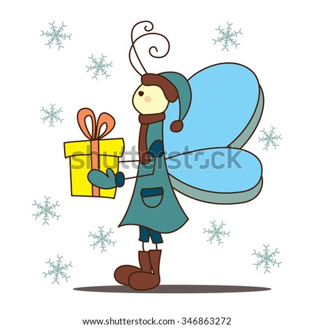 Winter fun animated butterfly in warm clothes with a gift