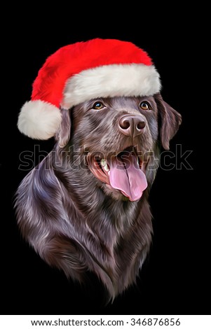 Drawing dog Labrador, portrait on a black background, Santa Claus red hat, Christmas and New Year