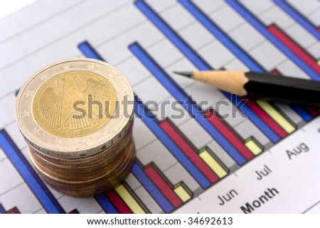 Money, pencil and coins on white background
